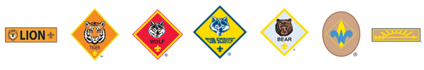 Graphic showing each of the Cub Scout Ranks and the Cub Scout logo