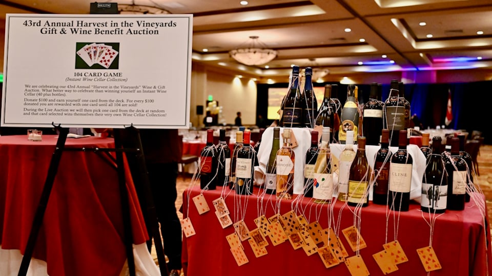 Picture of wine bottles with playing cards attached as part of fund raising game.