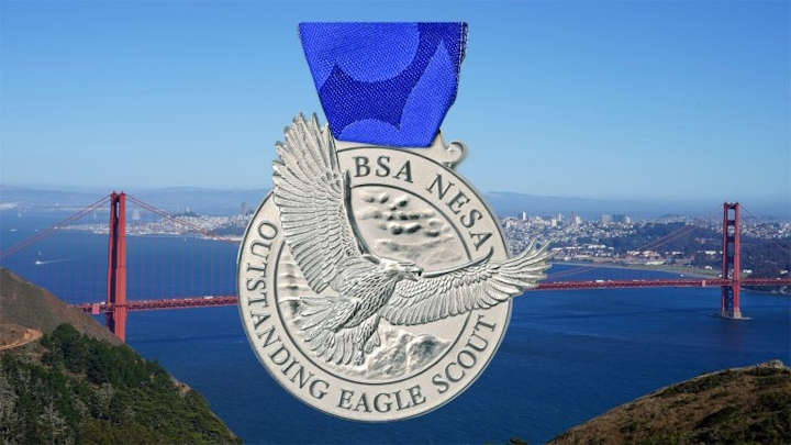 National Eagle Scout Association's Outstanding Eagle Scout Award medal with view of Golden Gate Bridge and San Francisco in the background National Eagle Scout Association's Outstanding Eagle Scout Award medal with view of Golden Gate Bridge and San Francisco in the background